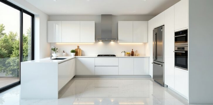 Modern U shape kitchen with white cabinets and stainless steel appliances, kitchen, countertops, acrylic