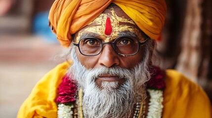 Portrait of a Wise Elder in Traditional Attire with Yellow Turban : Generative AI