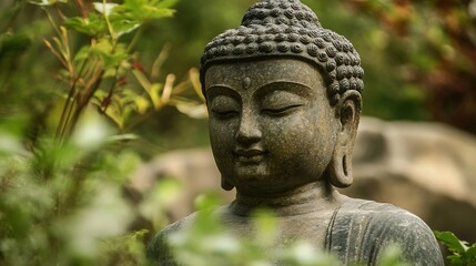 Peaceful Stone Buddha Statue Surrounded by Lush Greenery in Natural Harmony : Generative AI