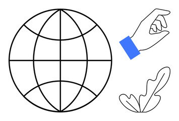 Globe with latitude-longitude lines, hand with blue wristband pinching, and abstract leaf. Ideal for global communication, environmental conservation, teamwork, minimalism, nature, collaboration