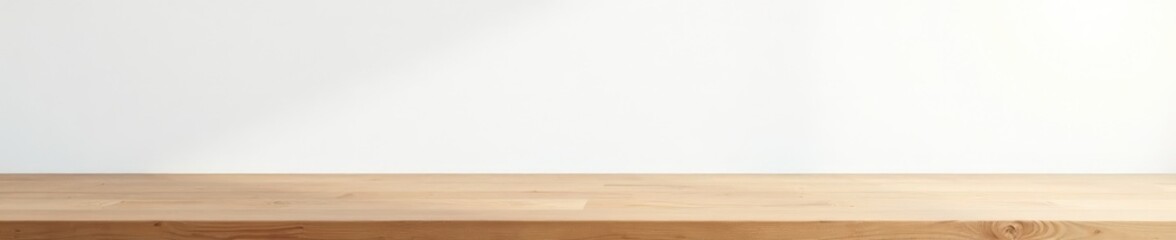 Naklejka premium Minimalist wooden table on a plain white wall, wood, wall, table