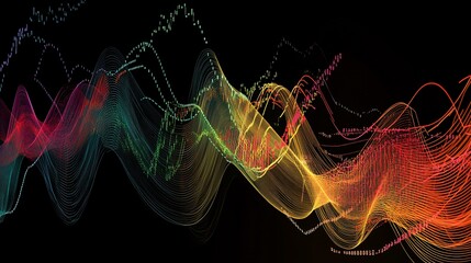 Stock market graph with colorful flowing lines representing data in a dark background