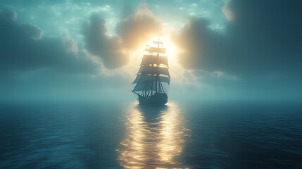 Sailing ship sunrise ocean mist adventure fantasy art