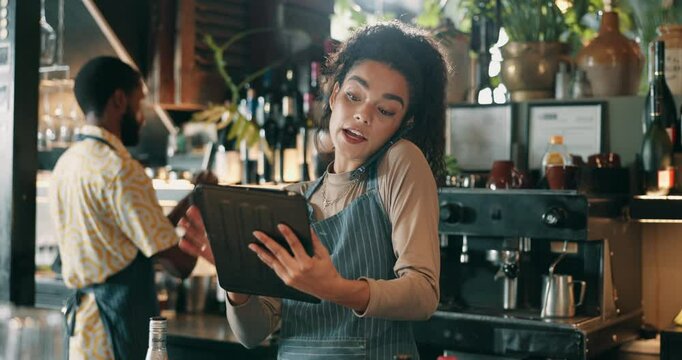 Tablet, phone call and woman barista in coffee shop for inventory, checklist or order confirmation. Confident, technology and pub cashier on with contact by counter for online pos in restaurant bar.
