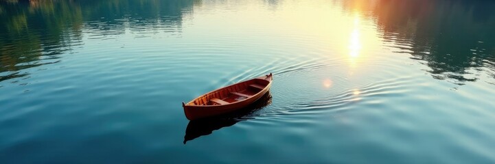 Gentle ripples on the lake's surface, a wooden rowboat glides across, reflection, peaceful