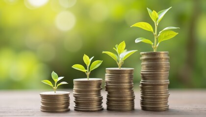 Investment Success Starts with Financial Literacy and Responsibility Concept. Growth Concept with Coins and Green Plants on Blurred Background