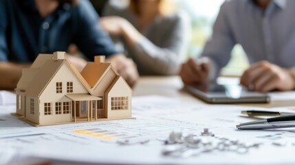 A real estate team meeting to discuss the latest property listings, with agents brainstorming and collaborating on marketing strategies for the new homes