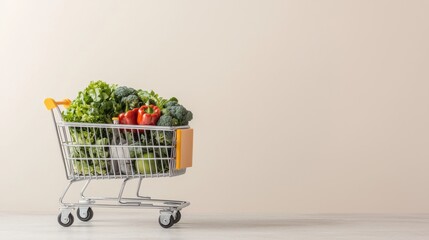 A shopping cart filled with fresh vegetables stands against a neutral background, symbolizing healthy eating and grocery shopping.