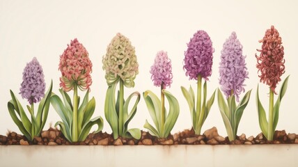 Botanical Watercolor Illustration of Hyacinth Growth Stages - Vibrant Spring Blooms in Soil