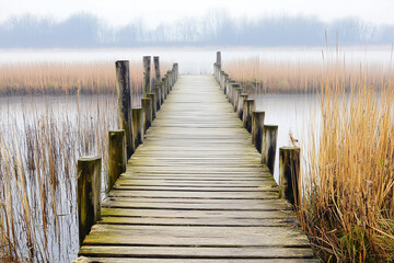 Fototapeta premium Misty Wooden Piers Extending Over Tranquil Lakes in Autumn