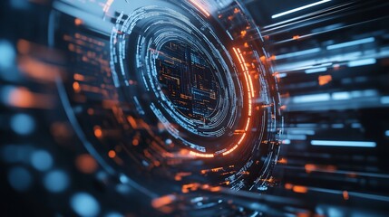 Abstract digital shield with glowing elements and data streams in a circular design concept