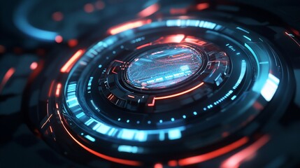 Abstract digital shield with glowing blue and red lines and circular patterns forming a futuristic interface