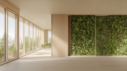 Modern interior with large windows and green wall