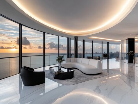 A large white couch is in the middle of a room with a view of the ocean