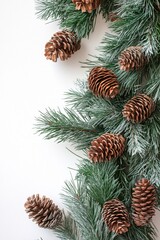 Festive pine branch with frosted tips and pine cones on a white background for winter holiday