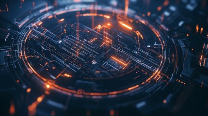 Abstract digital shield with glowing lines representing advanced technology concept, dark futuristic background