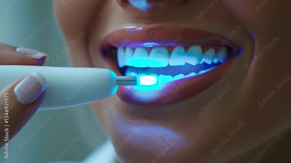 Poster A person undergoing a teeth whitening procedure using a handheld device that emits blue light to enhance brightness at a dental clinic, showcasing a focus on dental care and aesthetics.
