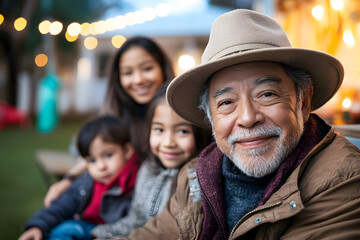 A multigenerational Hispanic family posing for a portrait in their backyard. The grandparents sit on a bench, parents stand behind them, and children play in the front, all smiling warmly at the camer