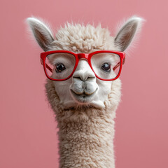 Obraz premium Playful alpaca wearing red glasses studio setting animal portrait whimsical environment close-up view quirky concept for seo engagement