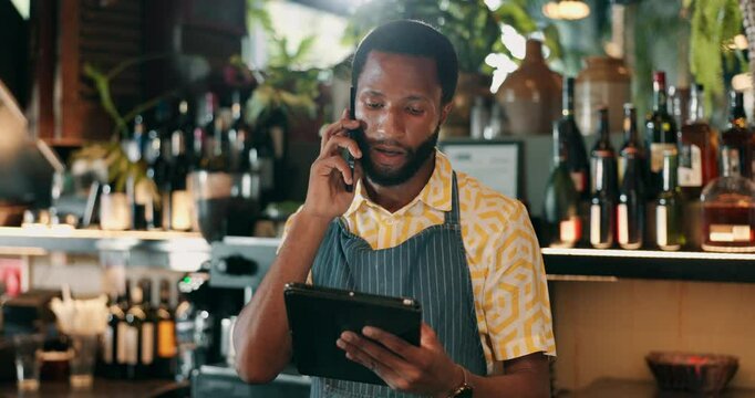 Phone call, tablet and barman with black man at restaurant for wine inventory, supplier checklist and bistro. Waiter, small business owner and vip lounge manager with person at hotel for alcohol