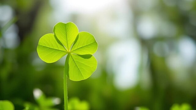 A close-up view of a four-leaf clover against a blurred green background, showcasing its vibrant green leaves and unique shape.