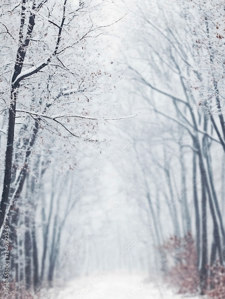 Aufkleber winter wonderland snow covered leafless trees in serene foggy forest pathway : generative ai