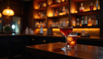 Dark wood bar with expensive cocktails, dim lighting, bar, cognac, nightlife