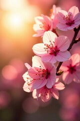 Pink cherry blossoms against a warm golden light, sunlight backdrop, pink cherry blossoms