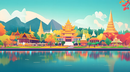 Naklejka premium A colorful and serene digital illustration of traditional Thai temples surrounded by lush foliage and reflected in a tranquil lake, capturing the essence of Songkran Festival and travel