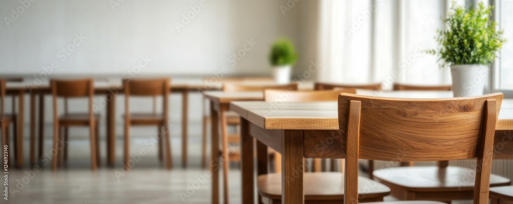 Poster modern wooden tables and chairs arranged in a bright, minimalistic space, featuring a small plant fo