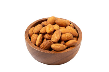 Almond nuts in Wooden bowl isolated on white background top view