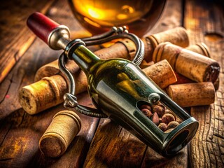 Obraz premium Old Wine Bottle Neck, Cork & Corkscrew - Vintage Wine Accessories Stock Photo