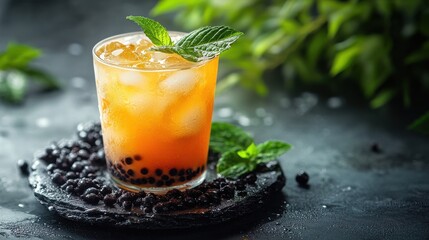 A refreshing drink with ice, topped with mint leaves and served on a dark slate, surrounded by green foliage.