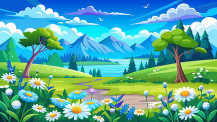 Naklejka premium Beautiful field meadow flowers chamomile, blue sky with clouds, nature landscape