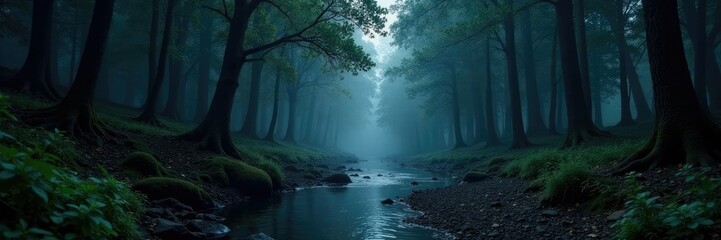Dark forest landscape with dense black wood trees and a dark charcoal river, charcoal, dense tree