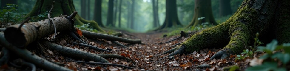 Dark forest floor with decaying logs and twisted roots, woods, logs, forest-floor