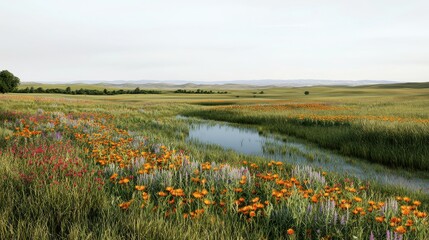 Fototapeta premium A serene landscape featuring vibrant wildflowers beside a gentle stream, with rolling hills in the background under a clear sky.
