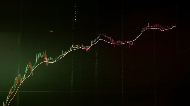 A digital stock market chart in ultra HD showing steady growth over time on dark screen
