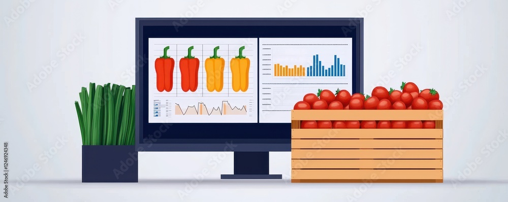 Leinwandbilder A computer screen displays graphs alongside a crate of tomatoes and green onions, highlighting data related to produce.