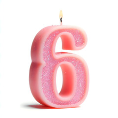 pink candle number 6 in glitter texture isolated on white background