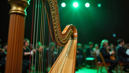Irish harp on stage with musicians performing for St. Patrick's Day celebration in a vibrant atmosphere
