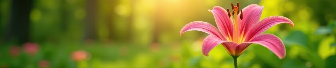 Fototapeta premium A stunning pink lily plant rises above the lush greenery in the sun, summer, blossom