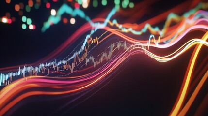 Dynamic Stock Market Chart with Flowing Lines and Candlestick Patterns in Ultra HD