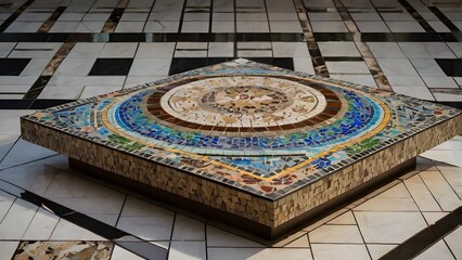 Circular Mosaic Art on Geometric Tile Floor Podium background