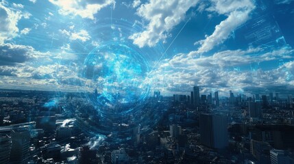 Naklejka premium Global Network Skyline: A Futuristic Cityscape