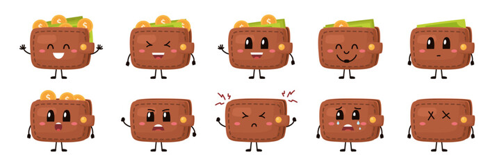 Set of cartoon wallets with emotions. Happy full wallets and unhappy empty wallets characters. Vector emoji