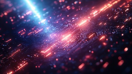 Obraz premium A vibrant, abstract representation of a circuit board with glowing lights and data flow.