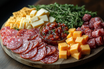 elegant arrangement of sausage, cheese, and crackers