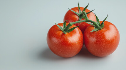 ripe tomato with green stem on white background