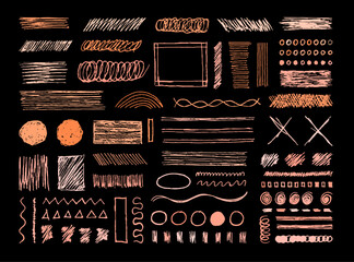 Pencil scribble strokes element collection. Artistic lines design set. Hand drawn pen texture templates. Rectangle, circle, curve, triangle, zigzag, and lines freehand shapes.